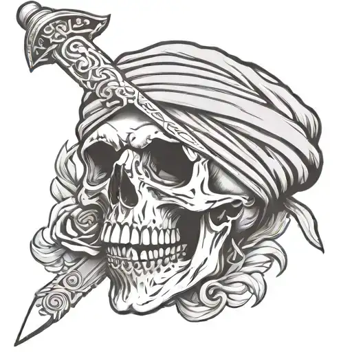Skull Wearing Turban With Sword Piercing