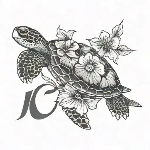 Turtle And Hibiscus Flower With Letter K