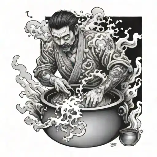 Boiling Japanese Man In A Pot Of Water Steam And Fire