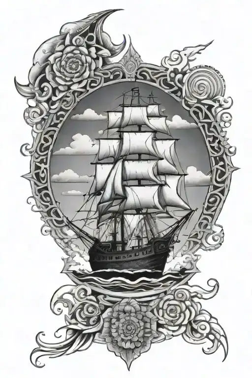 Travel Tattoo With Ship Sailing Through Stormy Mix Of Mandala Art