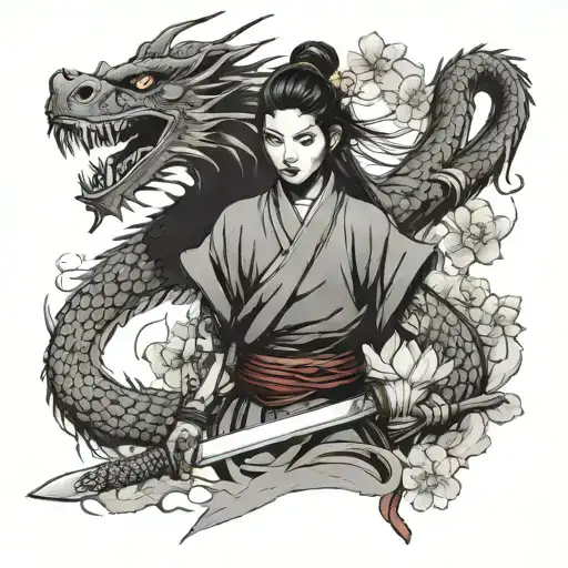 Samurai Girl With A Machete In Hand With A Chinese Dragon With Sakura