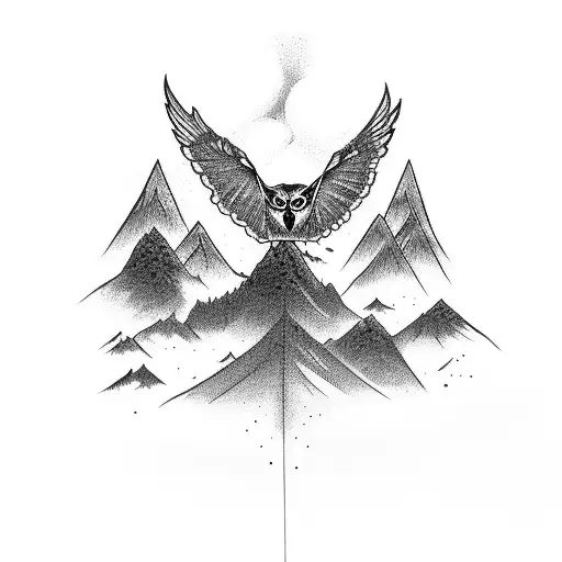 An Intricately Detailed Owl Flying Over A Mountain Landscape