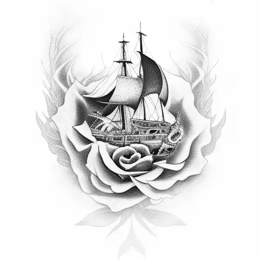 A Realistic Black And Grey Tattoo Of A Burning Ship Surrounded By Roses