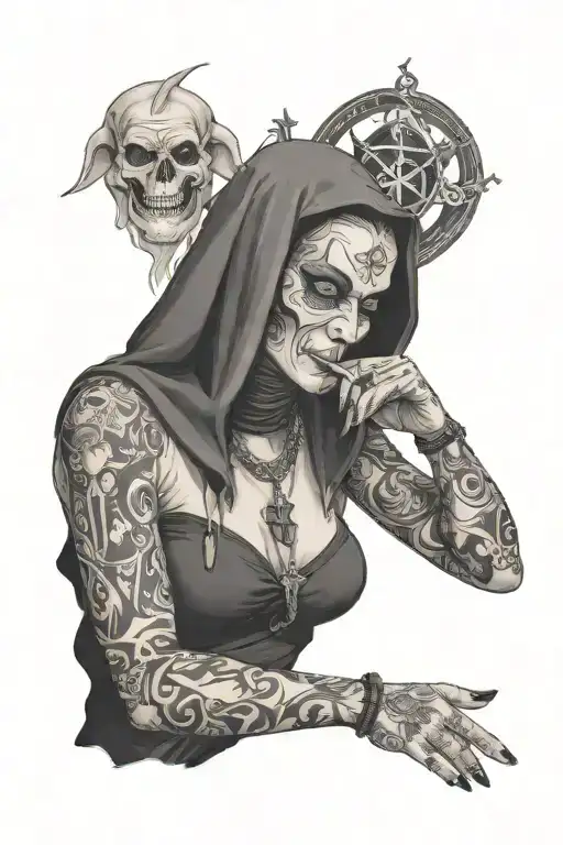 Demon Nun Smoking A Cigarette With Satanic Symbols Above And Below Her