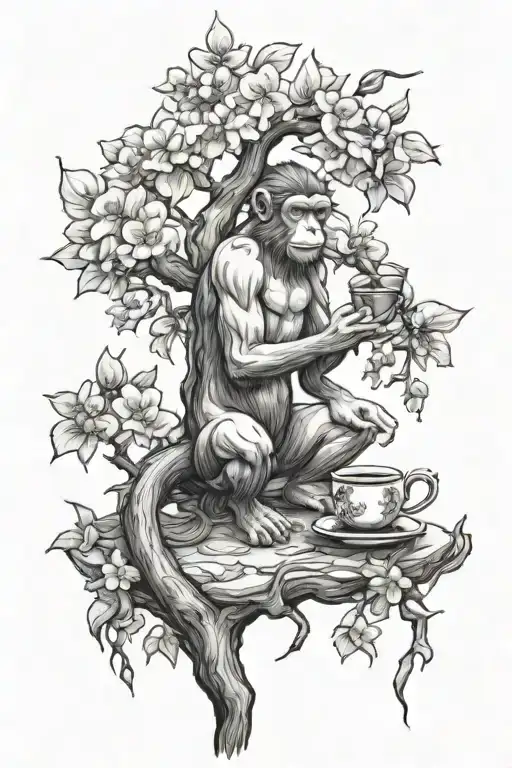 Monkey Kings Under The Tree The Apricot Tree Blossoms With Aquarius Drinking A Cup Of Tea