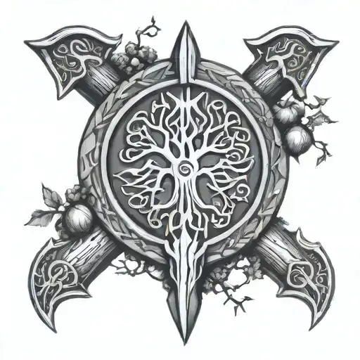 Viking Shield In Combination With Tree Yggdrassil And An Axe