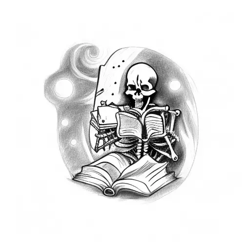 A Sketch-style Tattoo Of A Skeleton Reading A Book Under A Starry Sky