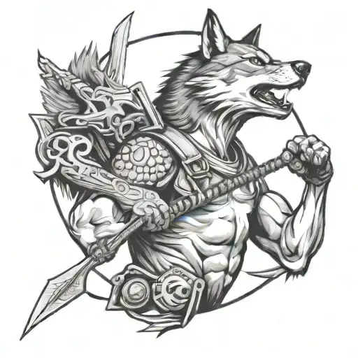 A Construction Worker Holding A Trident With A Wolf And Falcon Perched On Each Shoulder