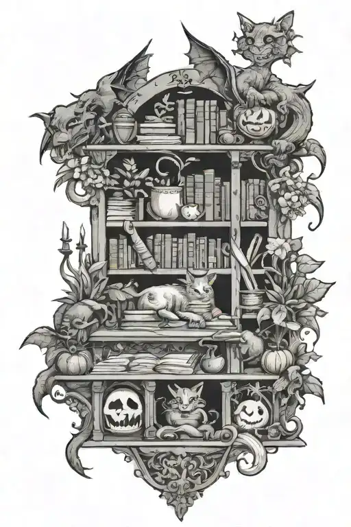 A Spooky Mystical Library With Dragons And Swords And Plants And Cats And Pumpkins