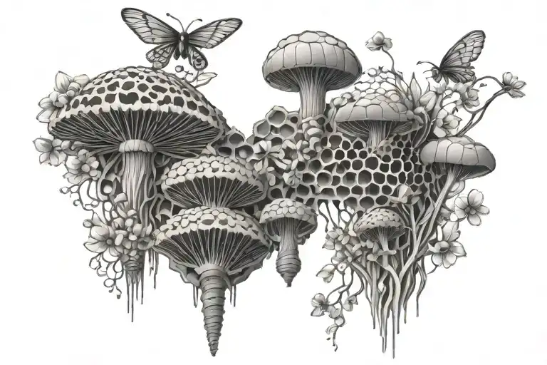 3D Honeycomb With All Sizes And Species Of Mushrooms And Small Flowers Coming From The Combs