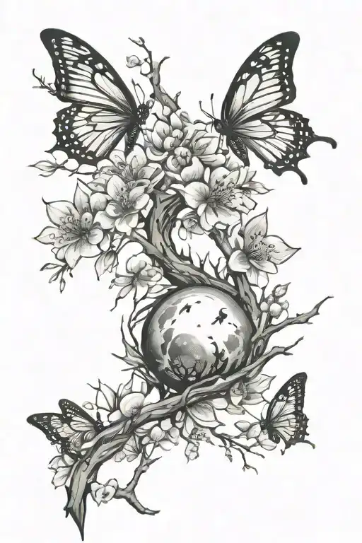 Cherry Blossom Branch Winding Around With Butterflies With A Sun Above And Moon Below