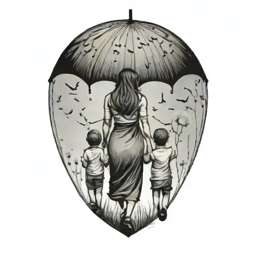 Illustrative Scene Of A Mother Holding Hands With Her Two Babies Under A Dandelion Umbrella