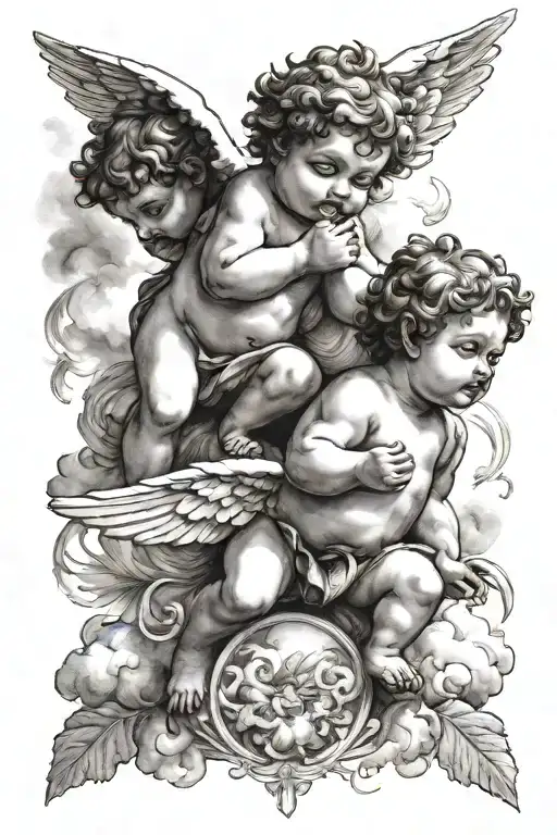 Two Cherubs In Different Positions Among The Clouds