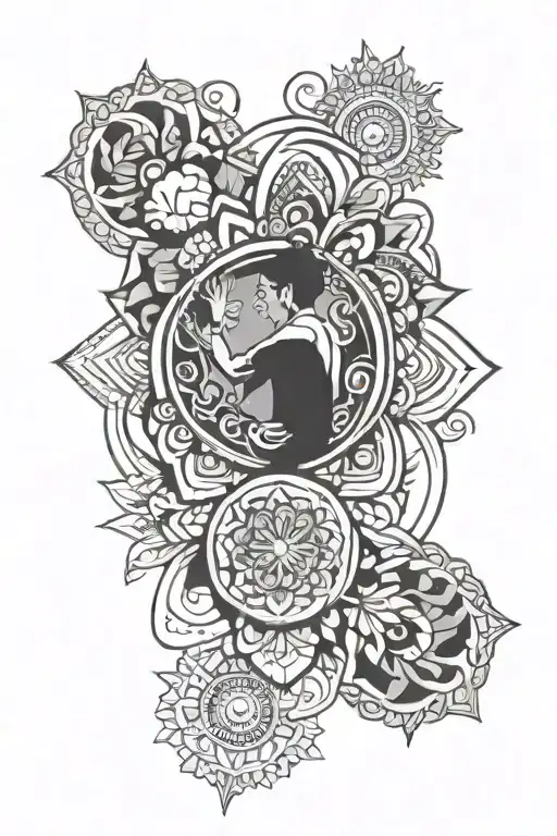 An Abstract Black And Grey Tattoo Of A Social Worker Helping Someone With A Mandala Background