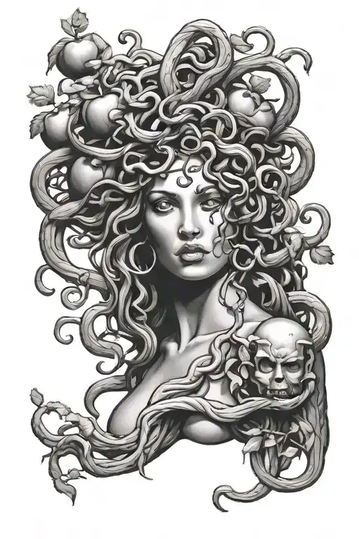 Medusa Full Body Standing Next To An Apple Tree