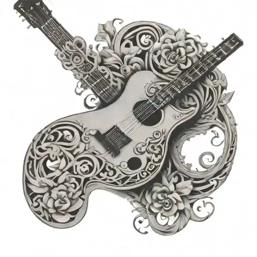 A Guitar With Intricate Floral Details Intertwined In The Strings