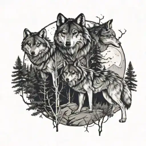 A Wolf Pack Roaming Through A Dark Forest With Moonlight Shining Through The Trees