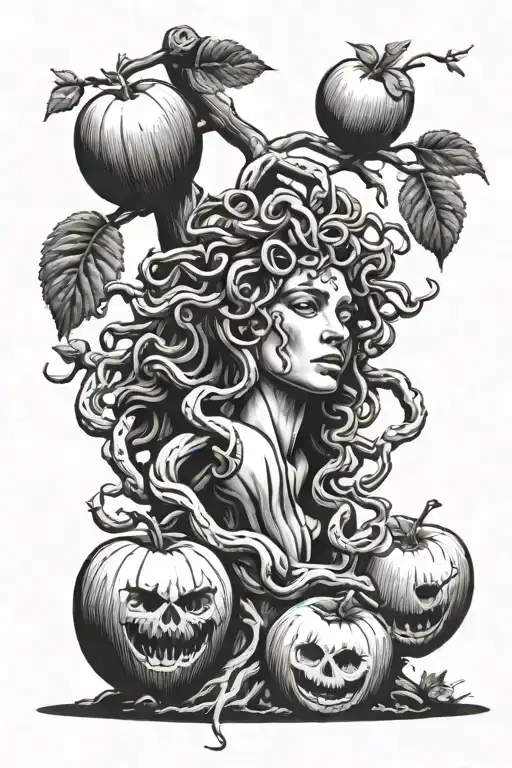 Realistic Medusa By A Tall Apple Tree With Two Rotten Apples On The Ground
