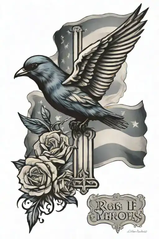 Us Flag Christian Cross And A Blue Bird Flying In The Sky