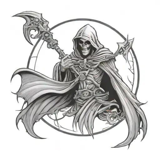 Winged Grim Reaper Wings Create A Circle Holding A Thrudark Trident
