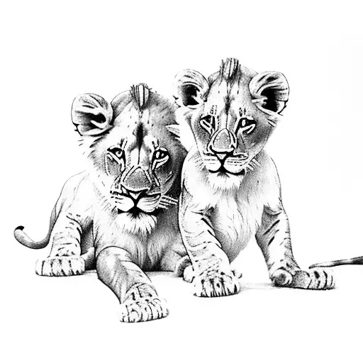 Lion Father On Top Of Two Lion Cubs