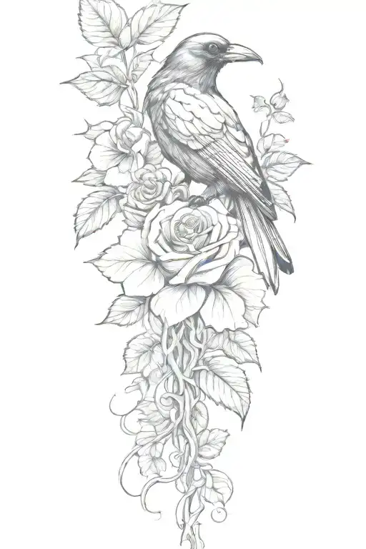 Black Rose Raven Perched On Vines Wrapping Around Calf