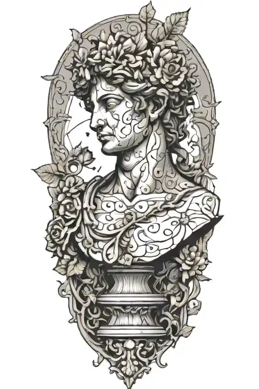 The David Statue Cracked And Weathered With Vines And A Colorful Pop Of One Flower