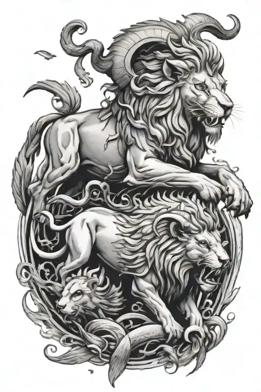 A Fierce Lion Fighting A Fierce Ram Surrounded By Fish