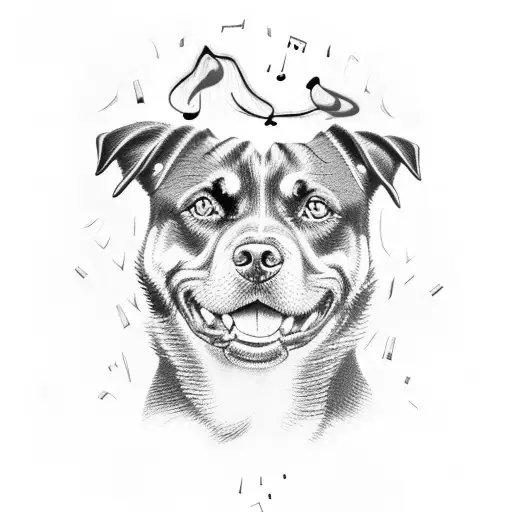 A Rottweiler With Glowing Red Eyes Surrounded By Horror Movie Symbols And Music Notes