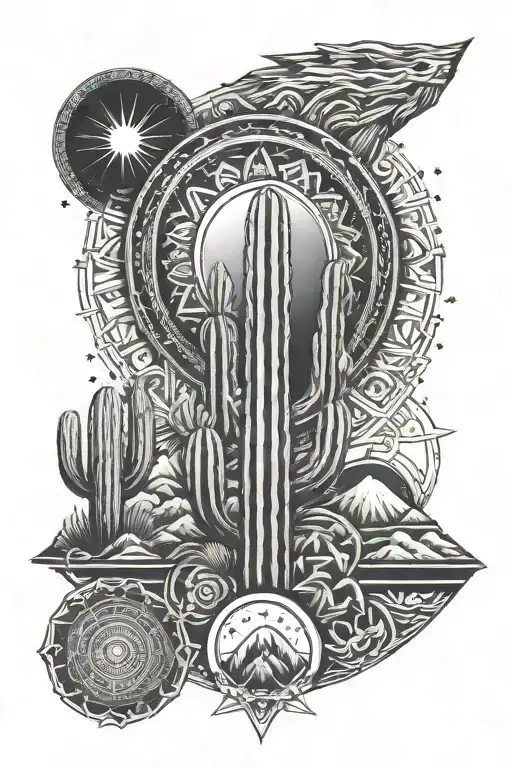 Aztec Mayan Trippy Cactus Eclipse And Stars In Sky With Mountains Sacred Geometry Background