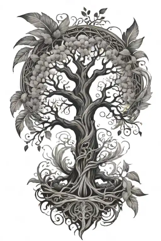 Black Grey Tree Of Life Intertwined With Large Feathers Which Come Down Underneath