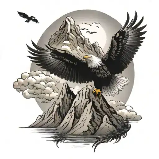 A Majestic Mountain Range With A Soaring Eagle Flying Overhead