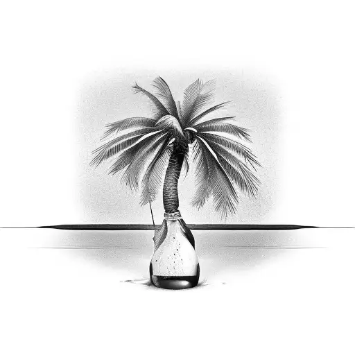 A Palm Tree Growing Out Of A Sand-filled Rum Bottle