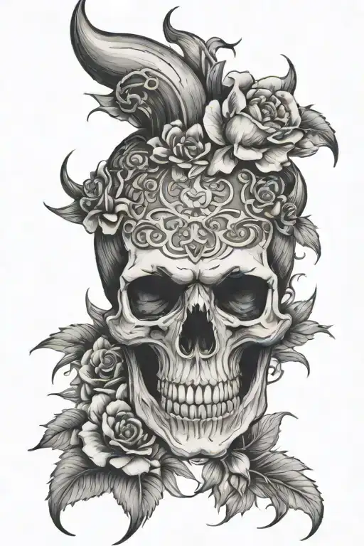Colorless Japanese Demonic Skull Tattoo With Horns And Flowers For The Upper Part Of The Forearm