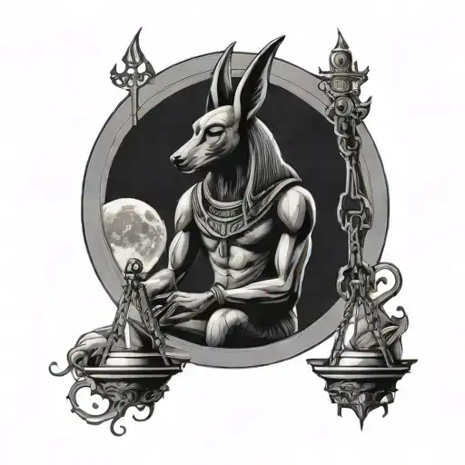 A Spiritual Depiction Of Anubis Holding The Scales Of Justice Under A Full Moon