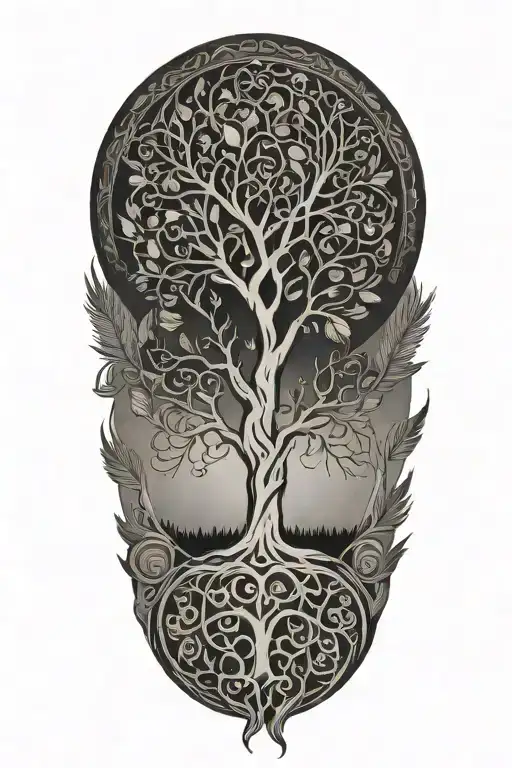 Tree Of Life In A Circle With Background Pattern And Feathers Hanging Down From Below