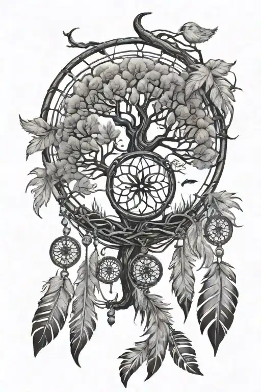 Tree Of Life Dreamcatcher With Large Feathers Hanging And Dog Paw Print