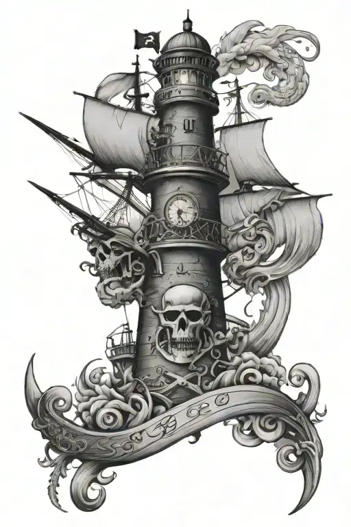 Pirate Theme Sleeve Tattoo Design Featuring Lighthouse And Ship And A Kracken