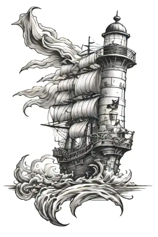 Pirate Theme Sleeve Tattoo Design Featuring Lighthouse