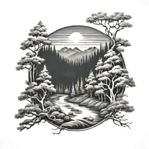 A Detailed Landscape Tattoo Of A River Winding Through A Forest Of Juniper And Yew Trees