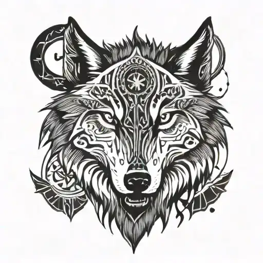 A Wolf Adorned With Viking Runes And Symbols Howling At The Northern Lights In The Night Sky