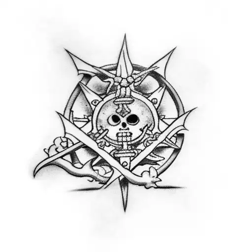 A Black-grey Tattoo Featuring Iconic Symbols From One Piece And Bleach And Soul Eater