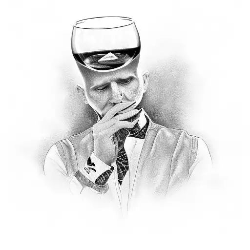 A Realistic Black And Grey Portrait Of A Poker Player Holding A Glass Of Jack Daniels