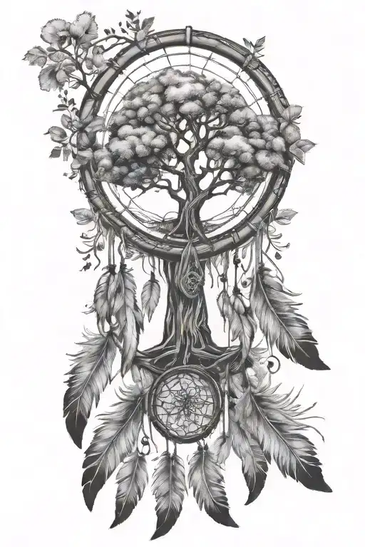 Tree Of Life Dreamcatcher With Large Feathers Hanging And Dog Paw Print
