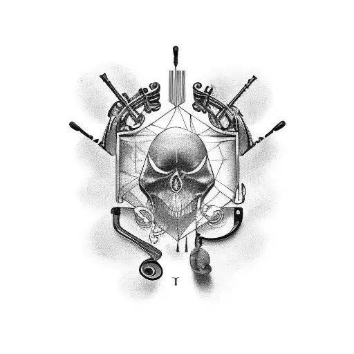 A Black-grey Tattoo Of A Gang Symbol Composed Of Musical Instruments And Medical Tools