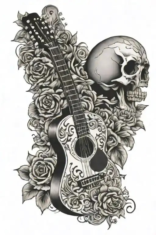 Semihollow Guitar With Skull And Flowers On The Background