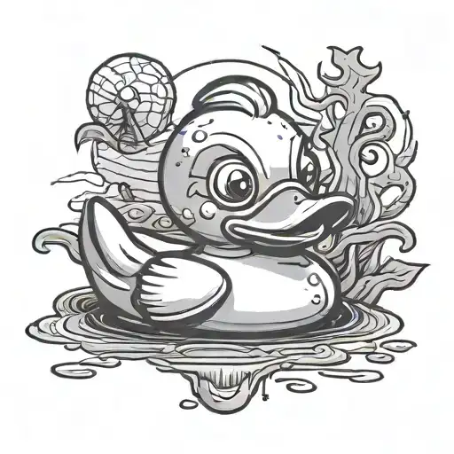 A Black-grey Tattoo Of A Cartoon Rubber Duck With A Face Of Michael Myers From Halloween