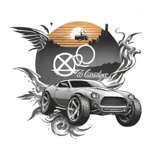 Sports Car Driving Into Sunset With X Xx Mcmxliv Above The Design And An Infinity Sign Below