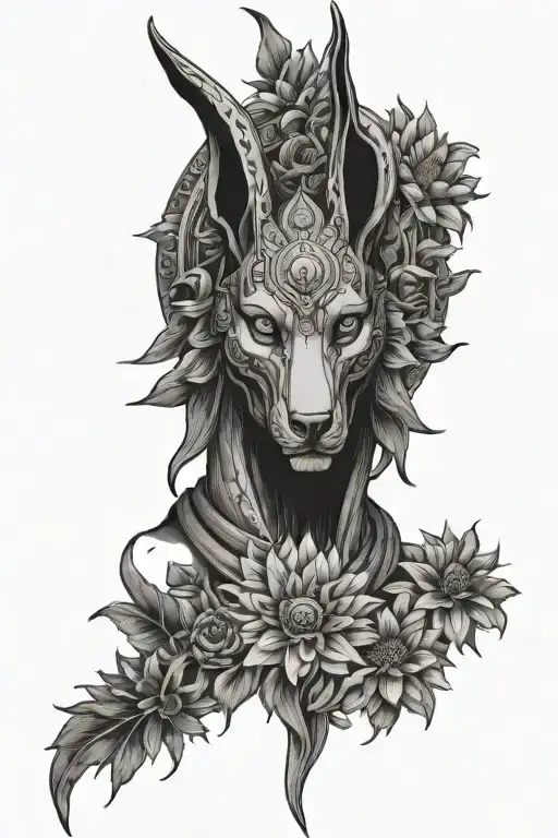 A Mystical Interpretation Of Anubis Surrounded By A Halo Of Chrysanthemums And The Moon