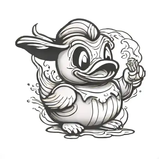 A Black-grey Tattoo Of A Cartoon Rubber Duck Dressed As Michael Myers From Halloween